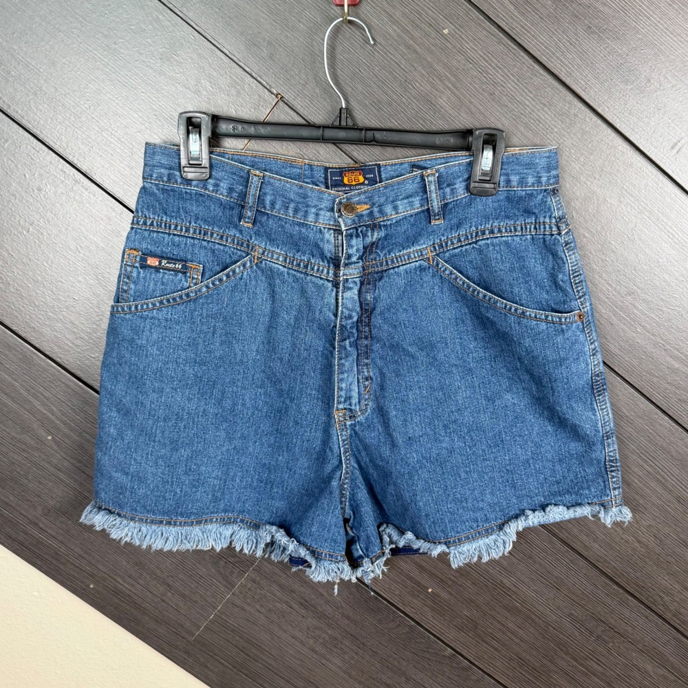 Route 66 Women Size 13/14 Denim Cutoff Shorts High Rise Frayed Hem Y2K Western